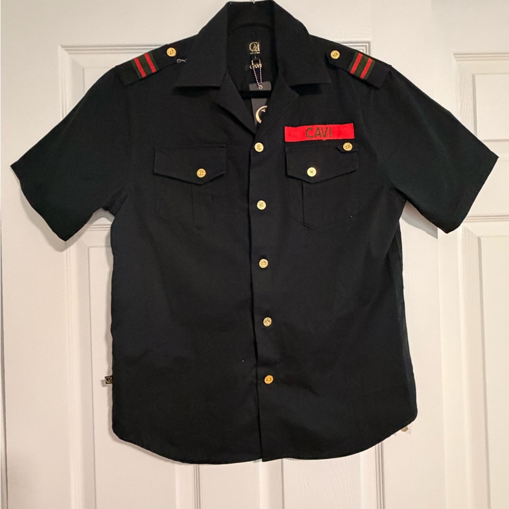 CAVI Men's Short-Sleeve Black Military Shirt with Red Trim